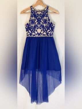 Rare Editions Royal Blue & White Embroidered High-Low Dress